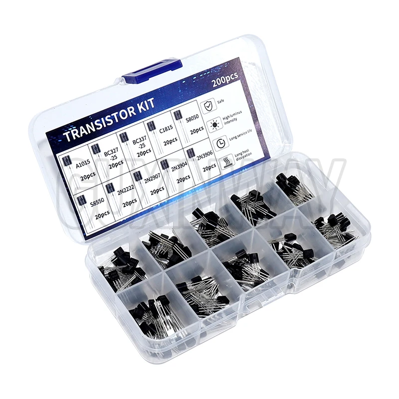 200pcs BJT Transistor Kit Bipolar Power Transistors A1015 BC327 BC337 C1815 S8050 S8850 2N2222 2N2907 2N3904 2N3906 PNP NPN