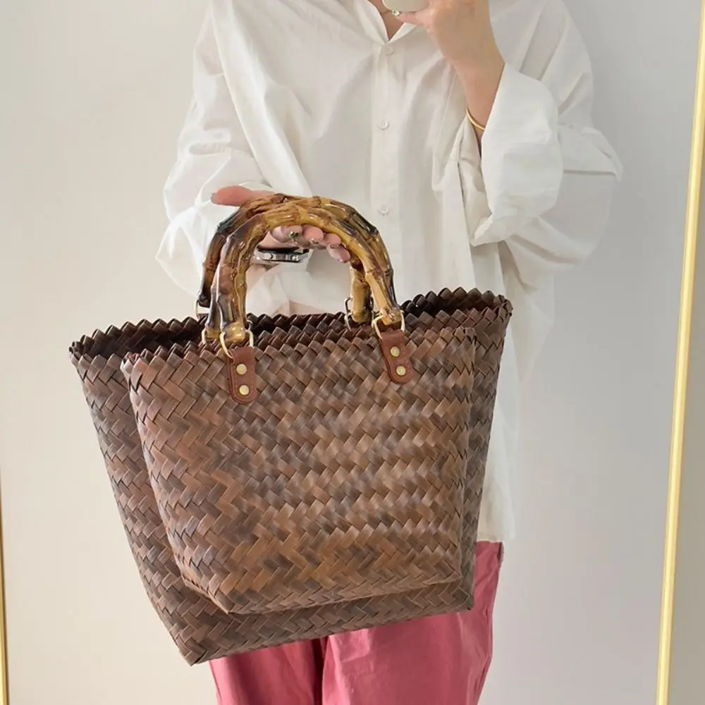 

Portable PP Woven Handbags Woven Large Capacity Shoulder Bags Hollow Bamboo handle Shopping Tote Bags Female