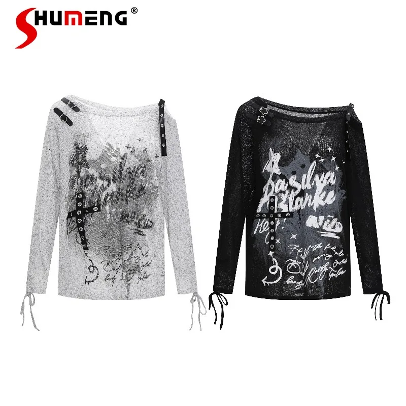 

Japanese Letter Print Y2k Tshirts Asymmetrical Neck Off-Shoulder Long Sleeved Blouse T-shirt Women's Autumn Loose Slimming Tees