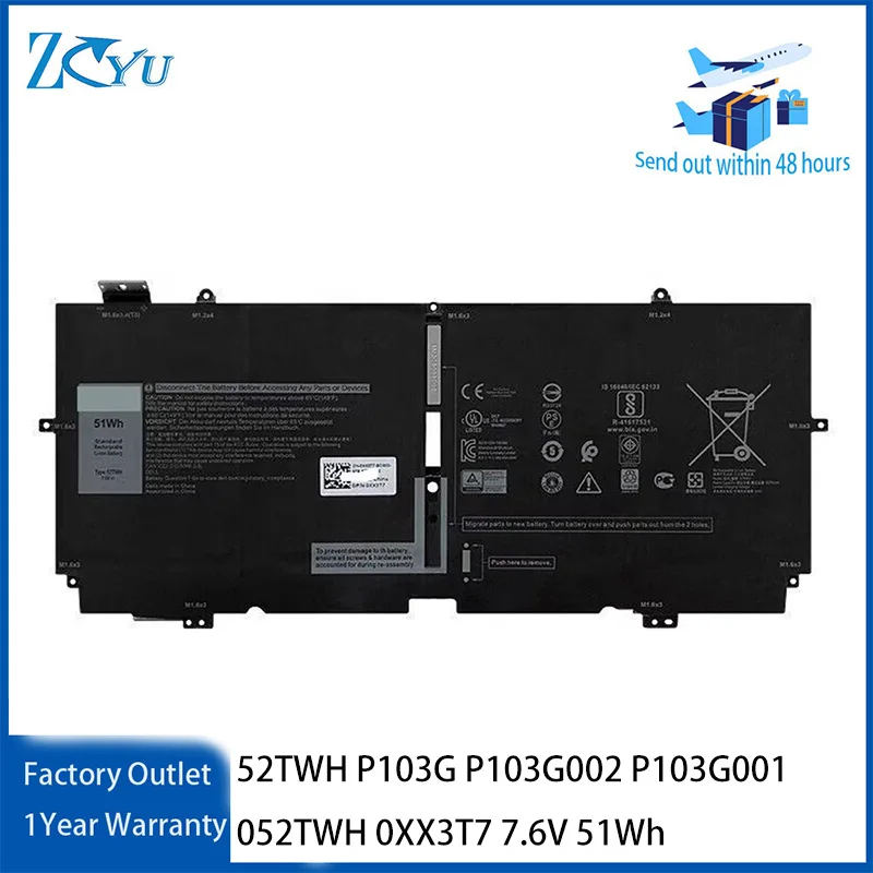 52TWH Laptop Battery for Dell XPS 13 7390 2-in-1 Series P103G P103G002 P103G001 052TWH 0XX3T7 7.6V 51Wh