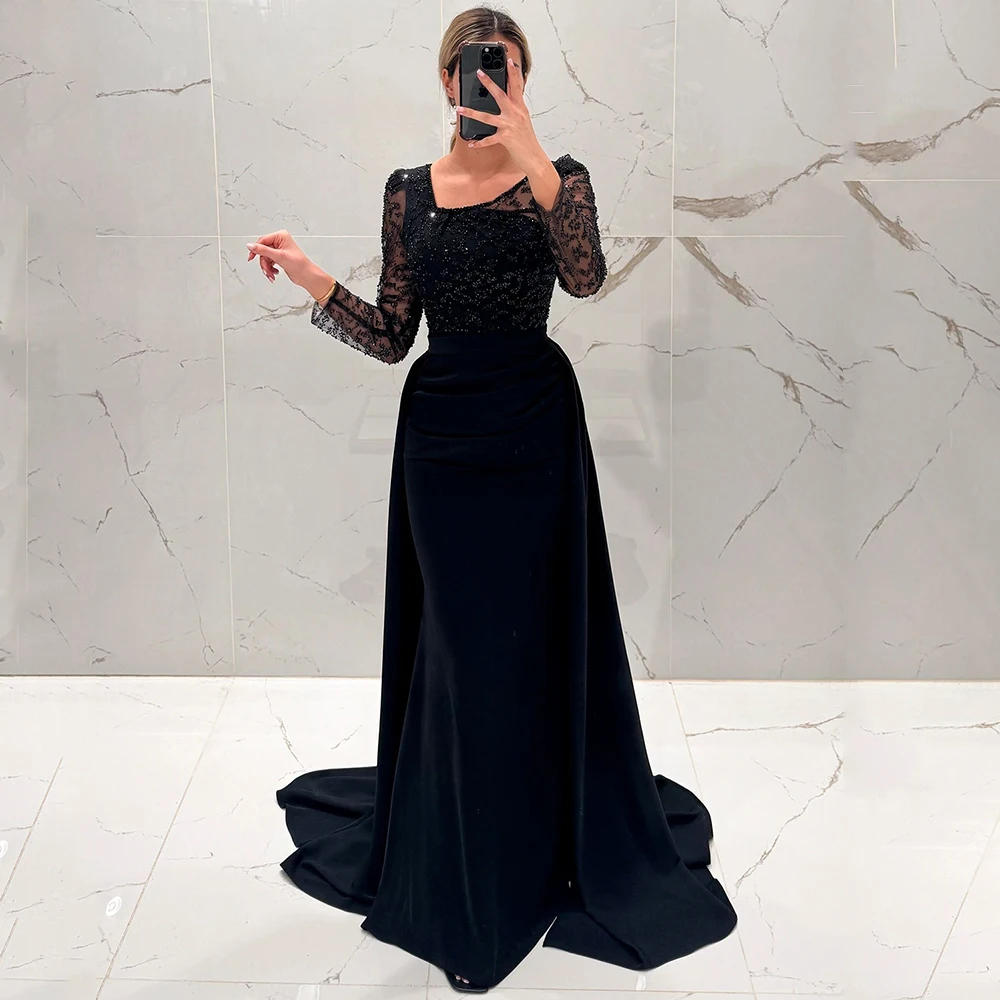 

Лидер продаж, черное прямое вечернее платье по индивидуальному заказу с длинными рукавами, расшитое бисером и блестками, со складками и квадратным воротником, вечерние платья в Саудовской Аравии