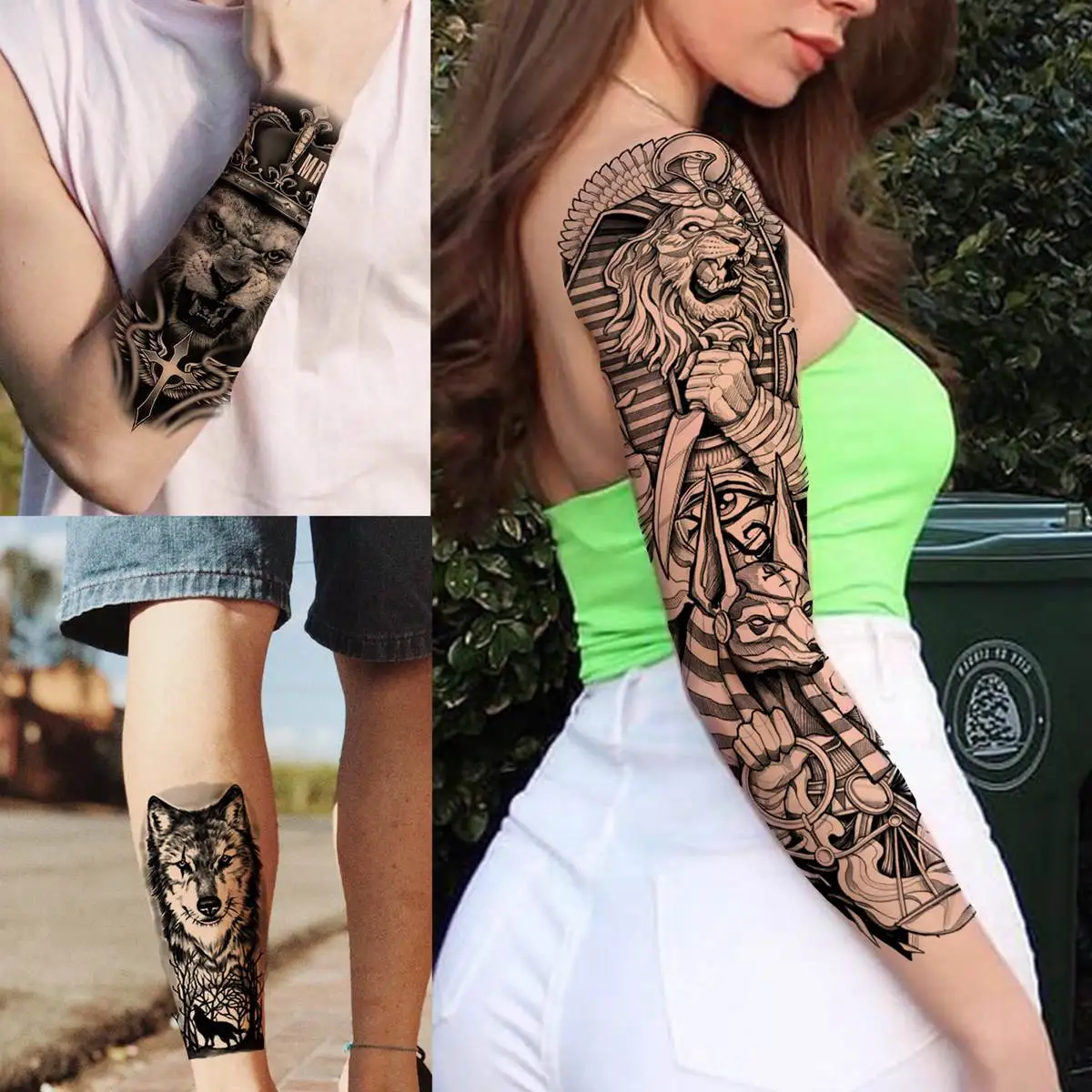 24 Sheets Full Arm Temporary Tattoo Sleeve For Men Women Thigh Arm Tattoo Black Flower Eagle Compass Tiger Tatoos Large Size 3D