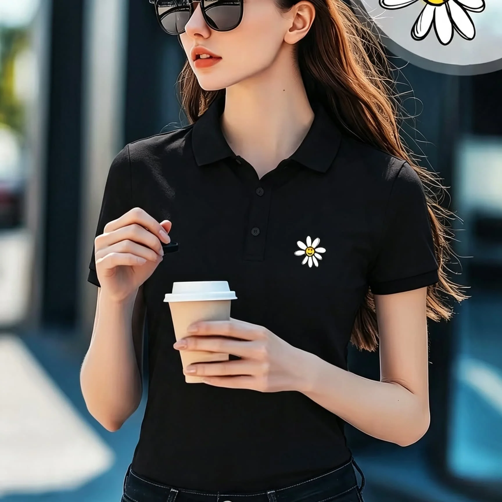 Classic Lapel Unisex White Polo Shirt Chic Daisy Smiley Face Floral Chest Design Short Sleeve Breathable Fabric Casual Basic Tee Suitable For Men And Women