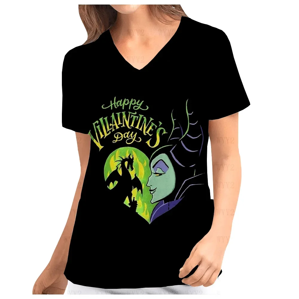 جديد المرأة ممرضة موحدة جيب الأعلى الخامس الرقبة طباعة فرك الأعلى ديزني Maleficent طباعة الصيف قصيرة الأكمام المرأة العمل موحدة #4