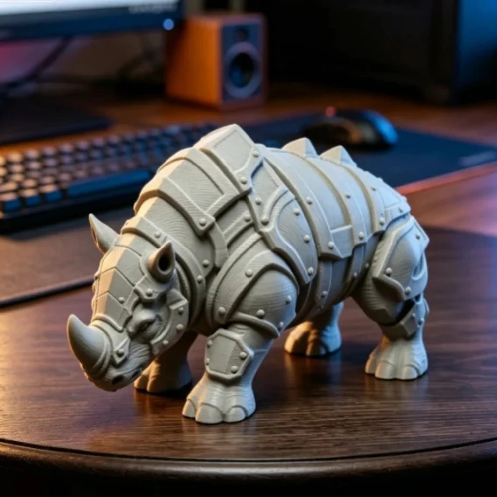 Mecha Armored Rhino Mini Figurine 3D Printing Medieval Rivet Rhinoceros Sculpture Cool Tabletop Ornaments Decor for Study Office