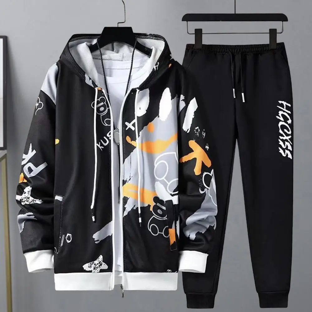 

Jogging Set with Pockets Men's Hip Hop Tracksuit Set with Hooded Coat Drawstring Pants Letter Print Zipper Closure for Urban