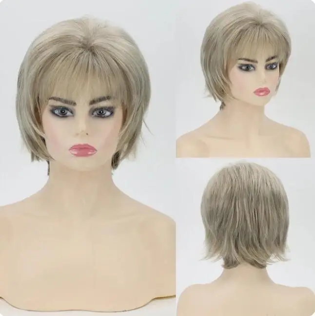 Women Natural Synthetic Short Wig Wavy Blonde Daily Cosplay Party Wig with Bangs High Temperature Fiber