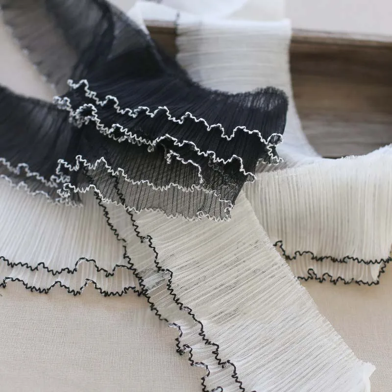 

20Yds White Black Two Layers Mesh Tulle Embroidery Wrinkle Lace Trim Applique Fabric Ribbon 10cm Width