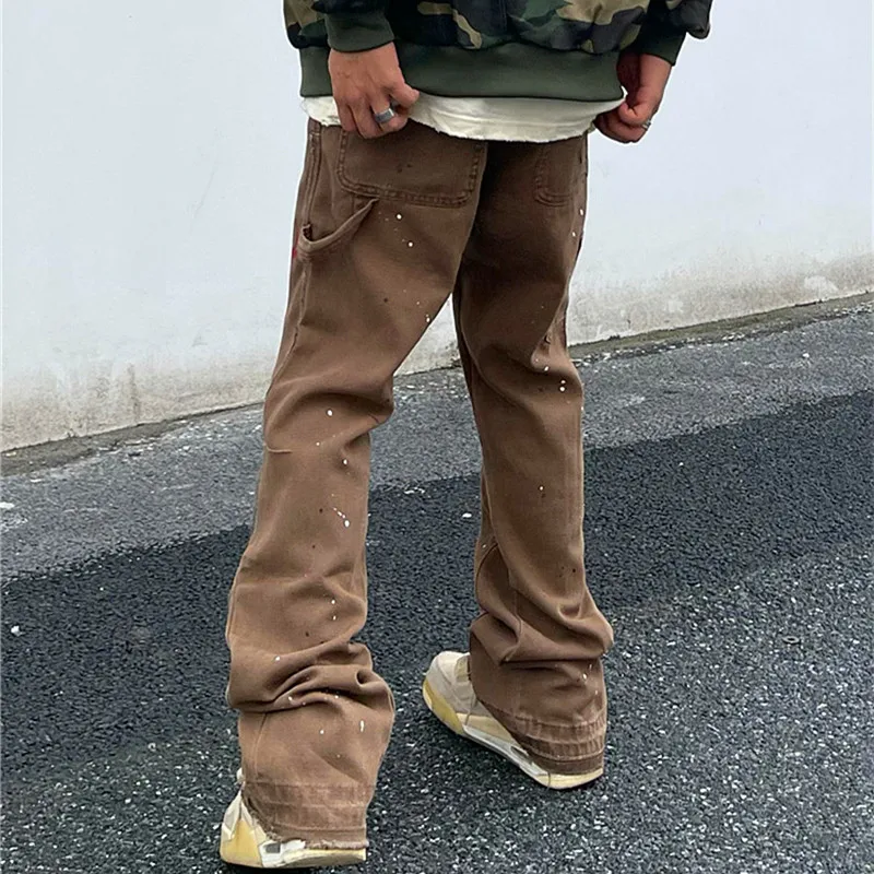 2023 Kanye Graffiti Ink Painted Flared Jeans Cargo Y2K Pants Men Clothing Brown Straight Hip Hop Long Trousers Pantalones Hombre