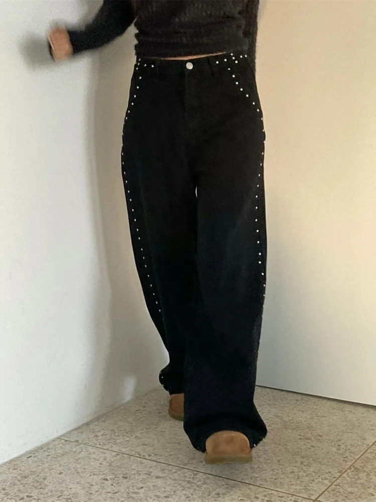 Sli Retro Heavy Metal Colion Nail Slim Straight Casual Jeans High Waist Commute Sle Embellied with Beads All Seasons