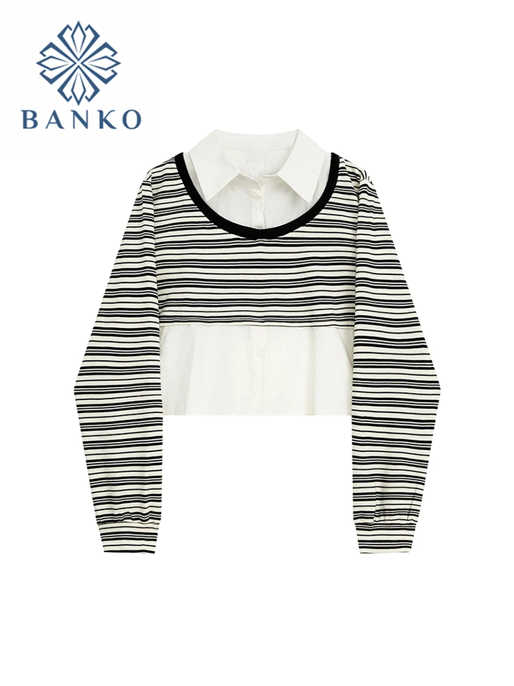 

Fashion Polo-Neck Spliced Striped Blouse Women's Clothing 2023 Autumn Winter New Oversized Single Breasted Office Lady Shirt