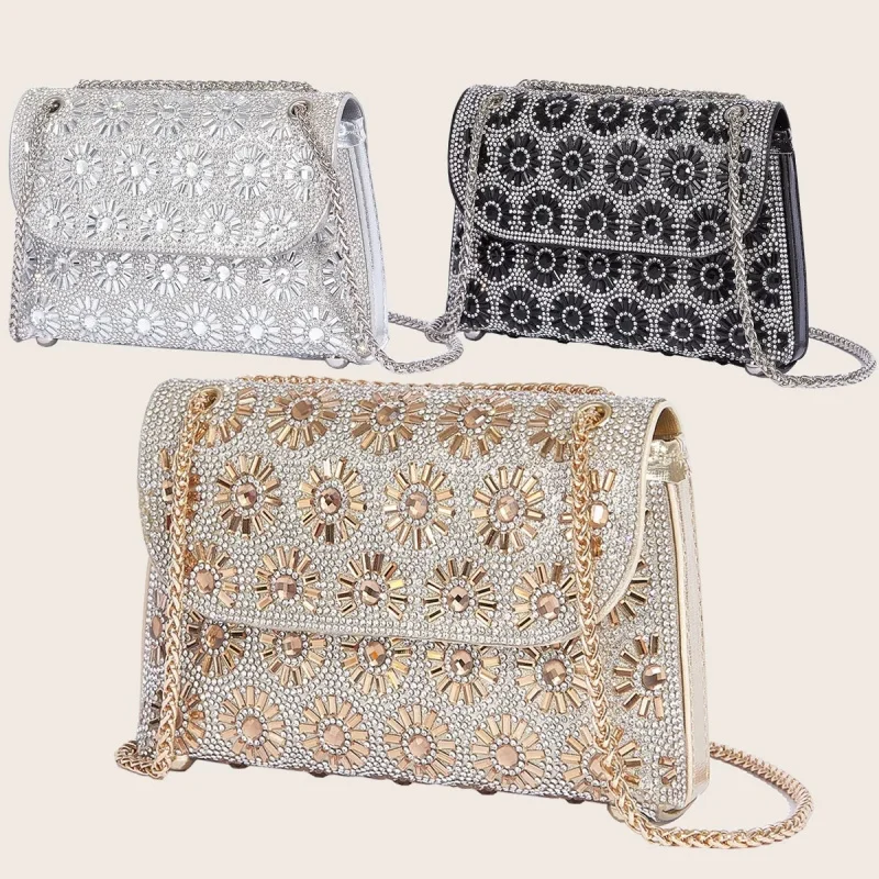 

New evening bag for ladies, stylish crossbody party bag, fashionable diamond-embellished handbag, square shoulder bag
