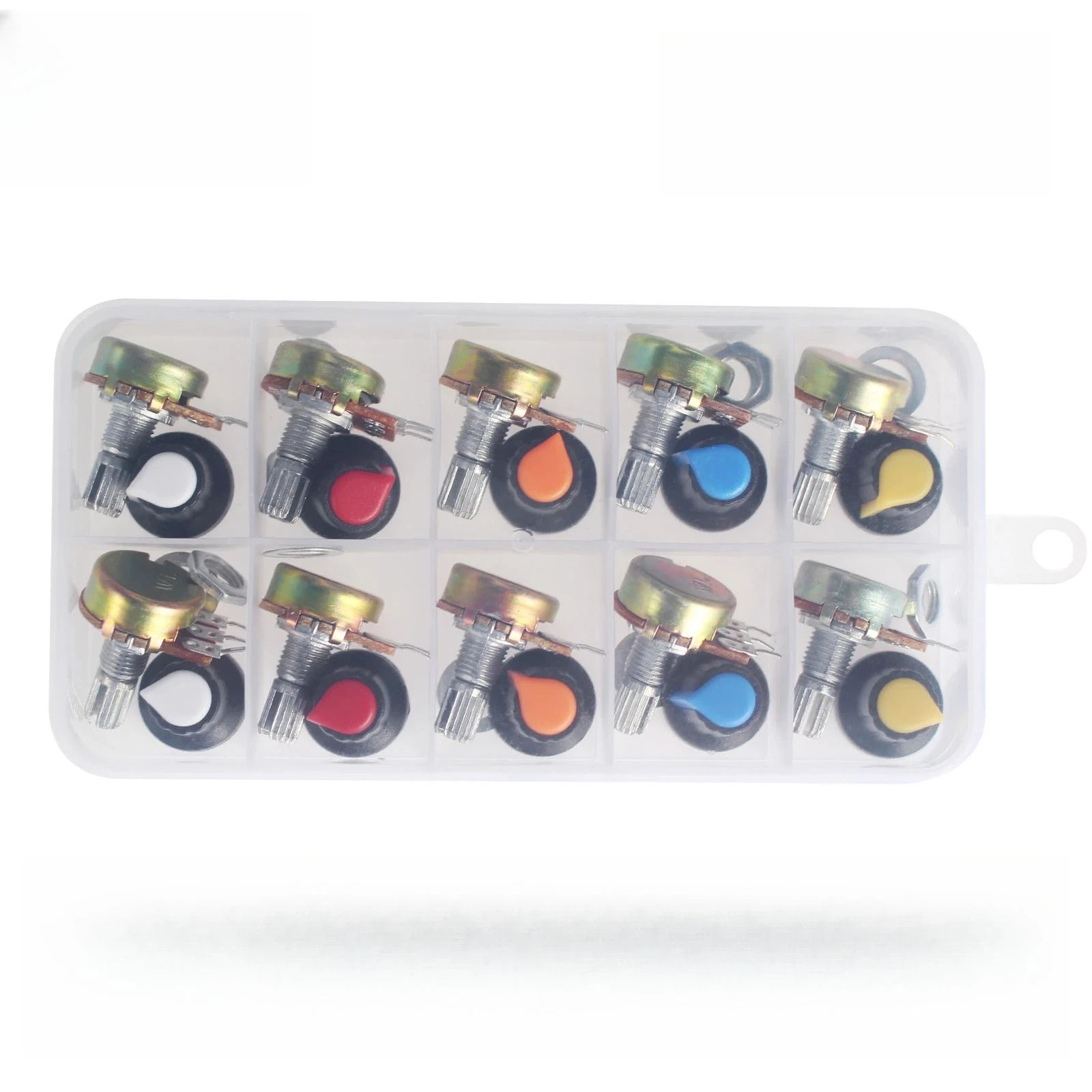 10Set WH148 Potentiometer Kit 1K/2K/5K/10K/20K/50K/100K/250K/500K/1M Ohm 15mm 3Pin Rotary Resistors with Knobs Cap