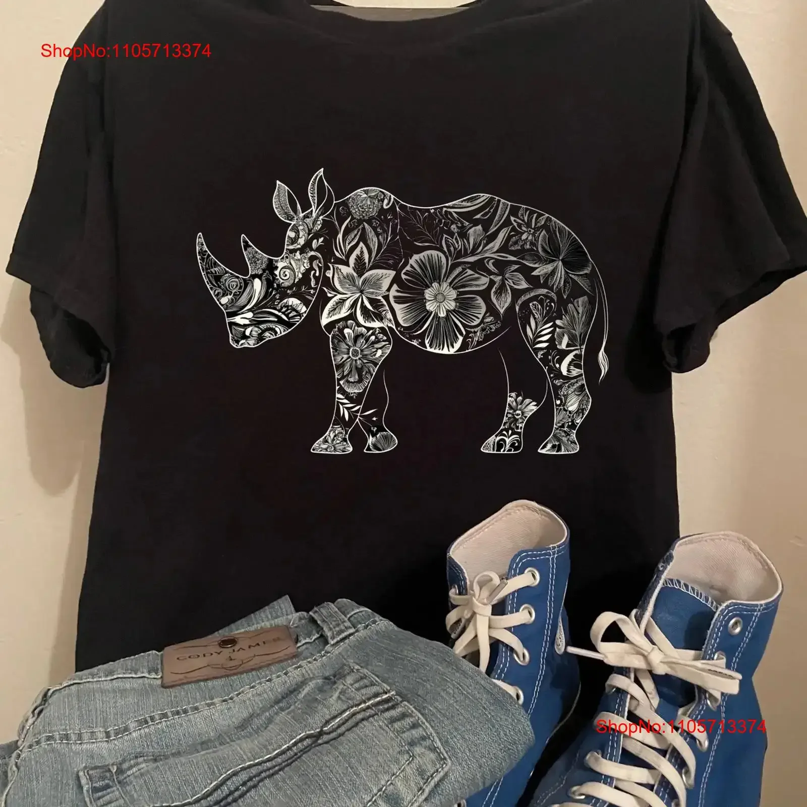 Floral Rhinoceros Silhouette T Shirt Stylized Clip Art Design White Ink on Black Background vintage Washed Comfortable