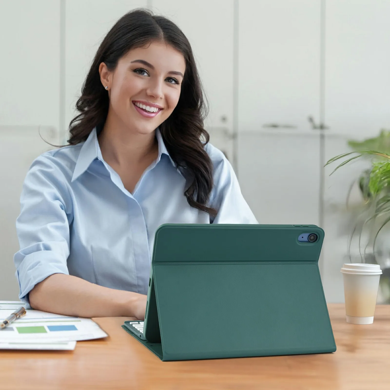 SK-1099D untuk iPad (2025) / 10.9 (2022) Casing Tablet Penutup Kulit dengan Keyboard BT - Hijau Tengah Malam