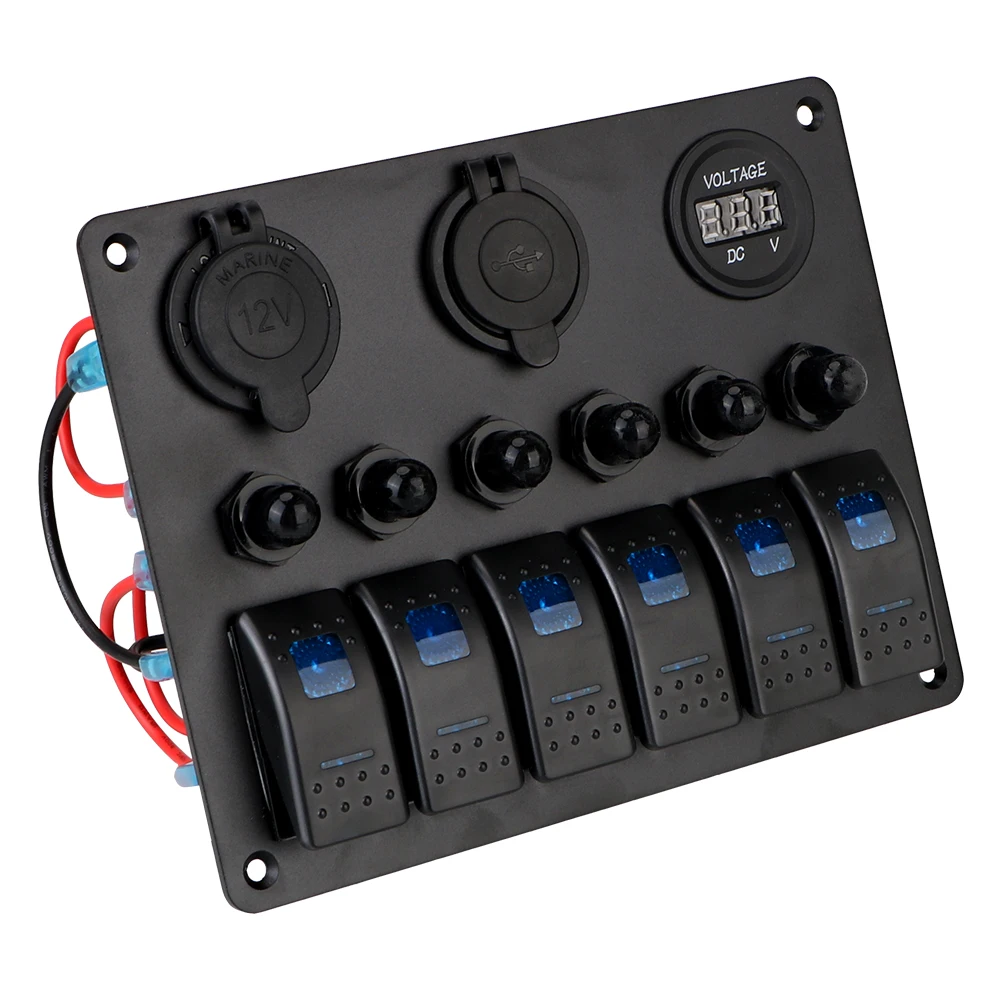 For RV Car Truck Trailer DC 12V/24V 6 Gang Rocker Switch Panel Aluminum Panel Digital Voltmeter Marine Boat Circuit LED Breaker