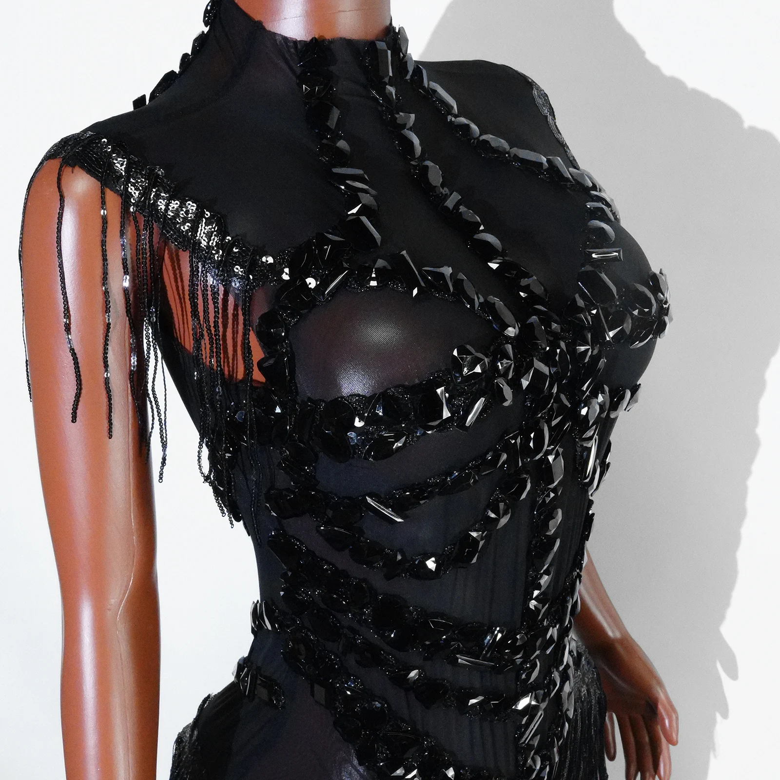 Sexy Mesh Sheer Black Rhinestone rhinestone Bodysuit Singer Dancer Show Stage Outfit Celebrate Party Night Club Performance Waer