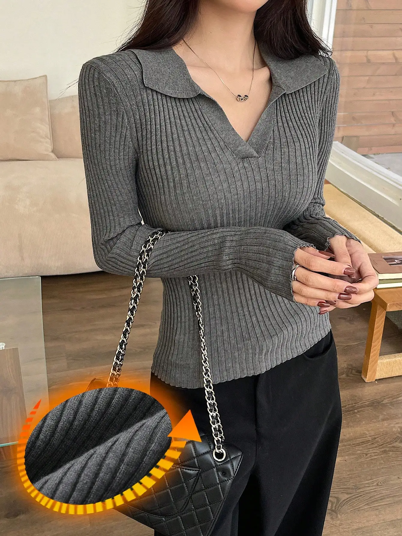 

Women's Ribbed Knit Long Sleeve V-Neck Sweater, Slim Fit for Autumn Winter