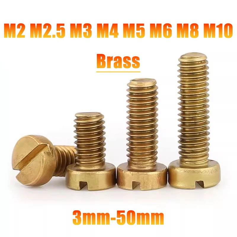 1PCS-100PCS M2 M2.5 M3 M4 M5 M6 M8 M10 DIN84 Brass Slotted Cheese Head Screw Brass Screw Brass Bolt length 3-50mm