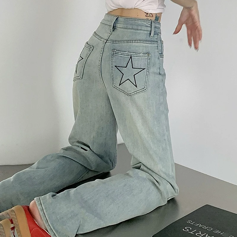 Y2K Star Decor High Waist Jeans Women 2023 Autumn Vintage Loose Wide Leg Trousers Woman Casual Straight Denim Pants Streetwear