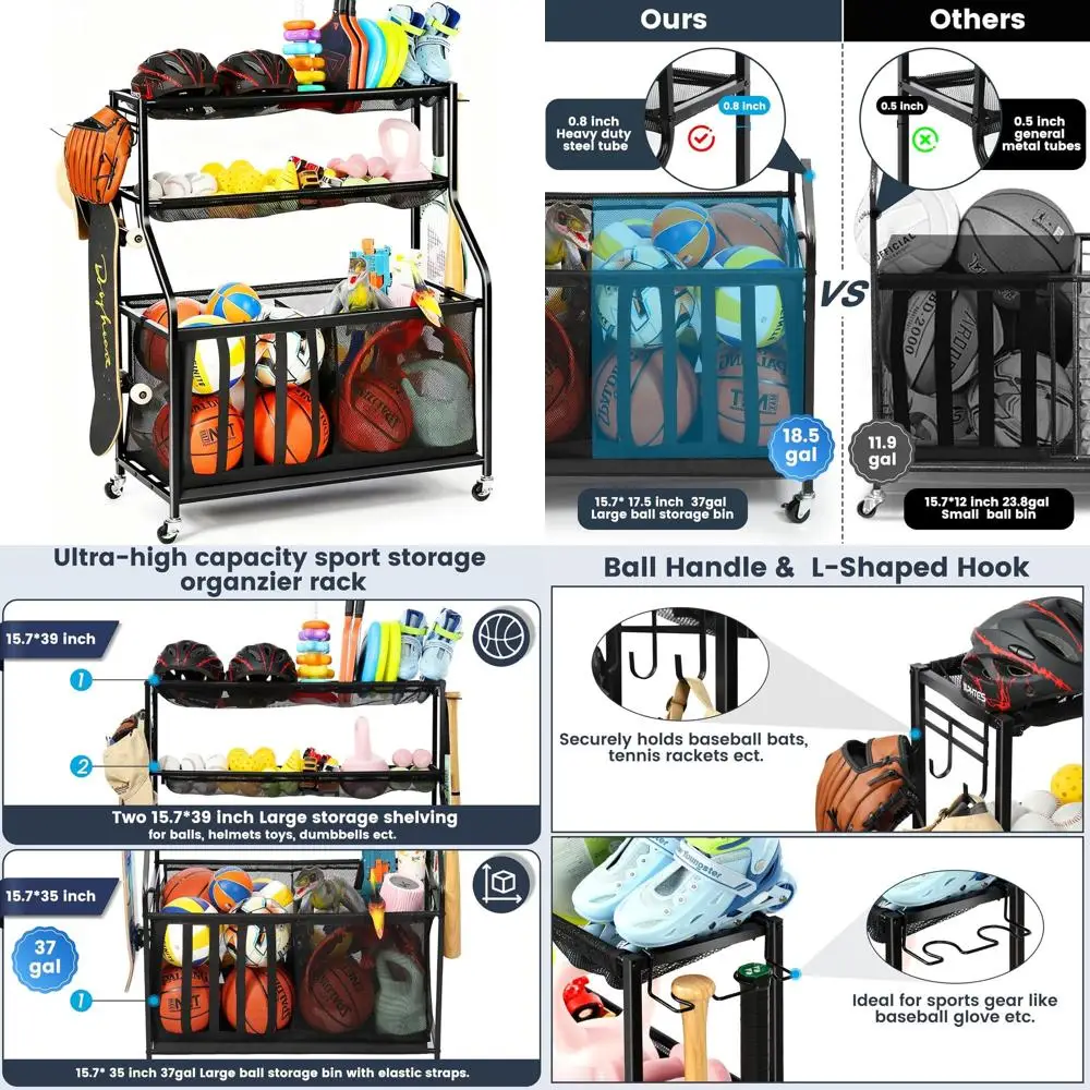 

Органайзер для спортивного инвентаря на 37 галлонов с отсеком для хранения, стойкой, крючками и эластичными ремнями для баскетбола, футбола, тенниса и многого другого