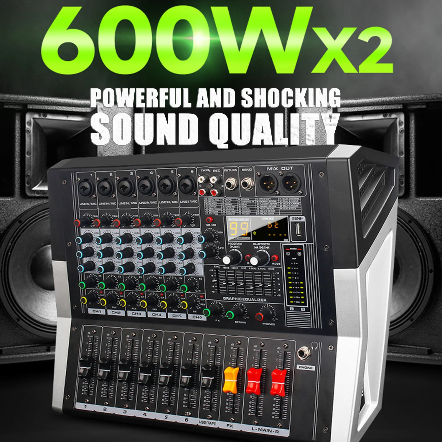 600W*2 Powered Audio Mixer 6 Channel Active Sound Mixing Console Built-in Amplifier and 99 DSP Effects for Stage Audio