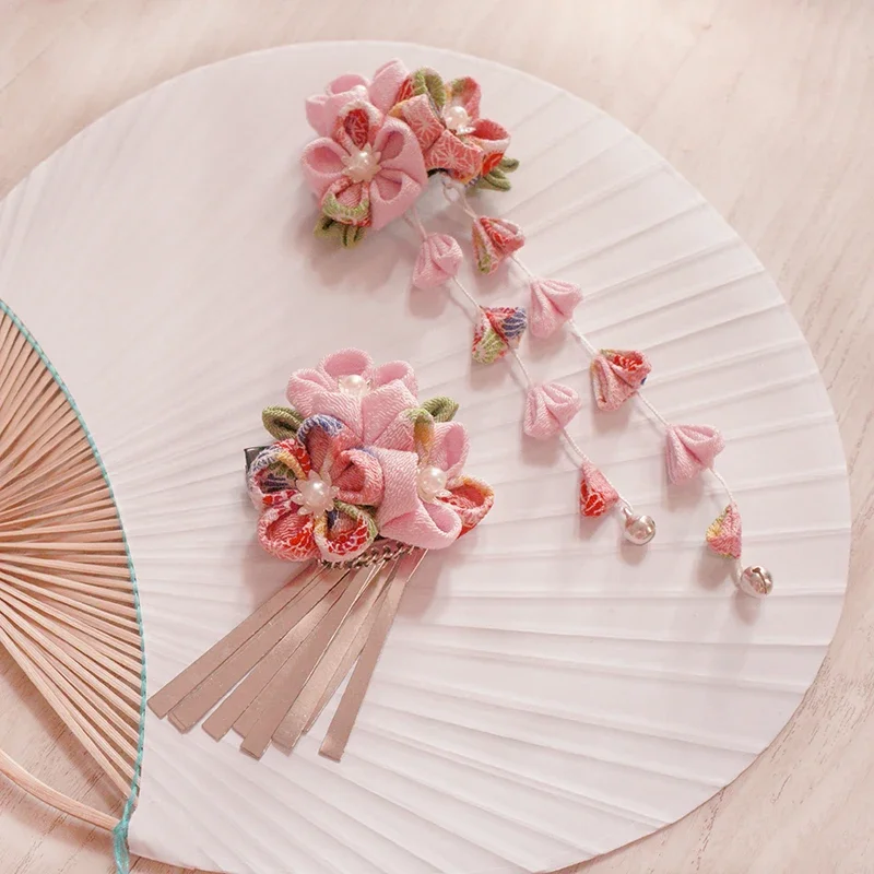 Handgemaakte Crêpe Hanfu Haarspeld Cosplay Accessoires Hoofdtooi Kanzashi Sakura Kwastje Tsumami Zaiku Oude Kimono Yukata Haar Clip