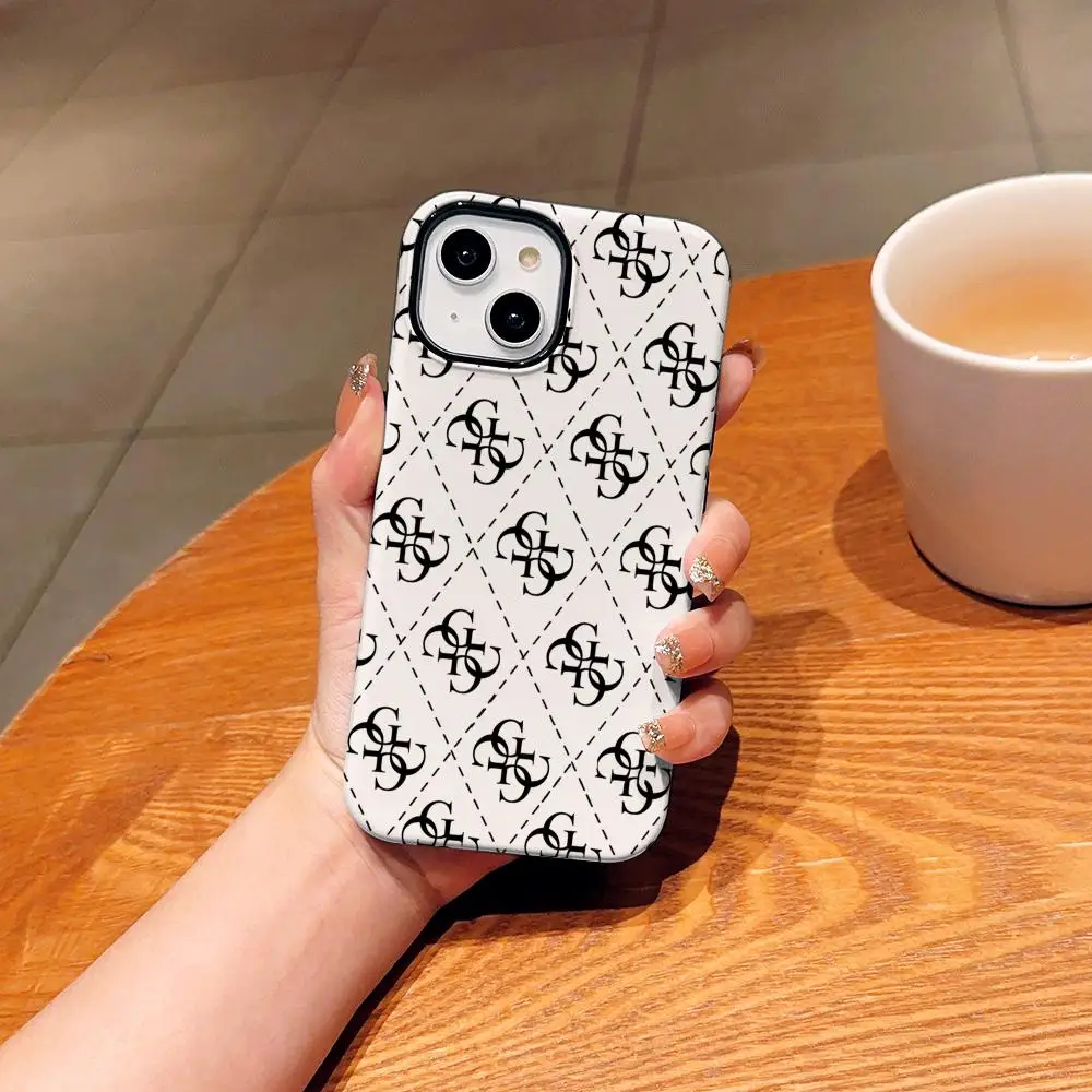 Modische Handyhülle für iPhone 17, 16, 15, 14, 13, 12 Pro Max Plus, glänzende HD-Doppelschicht-Flüssigkeitsrückseite, Hartschale, G-GUESSES
