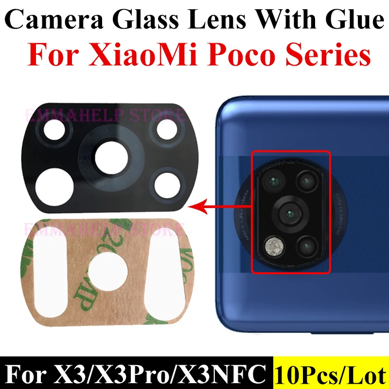 EmmaHelp 10pcs Rear Back Camera Lens Glass for Xiaomi Poco M4 Pro 4G X3 X4 Pro 5G F4 GT F3 M5s M4 M3 M2 C40 C3 With Adhesive Glu