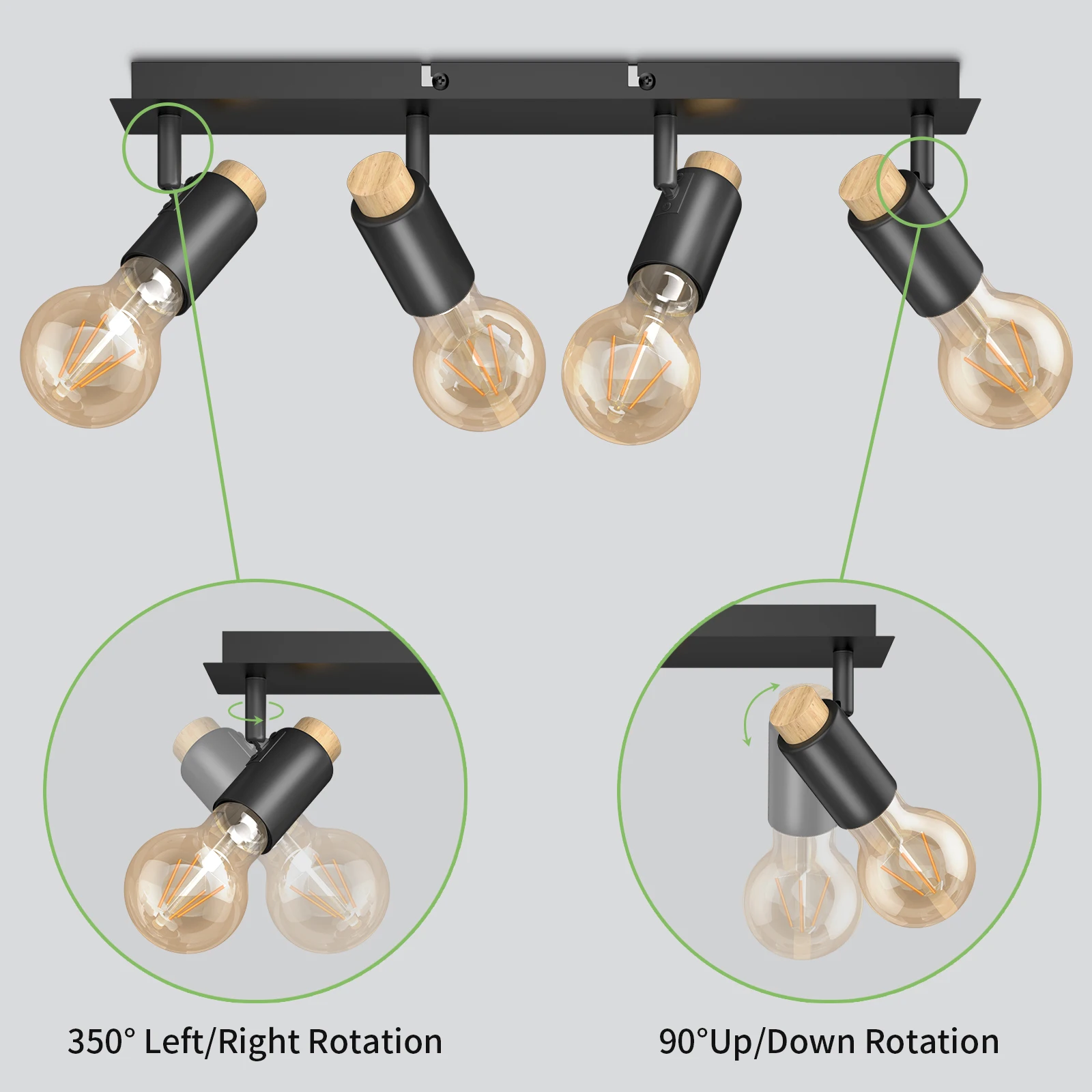 Kimjo-led luz e27, luz de teto preto e madeira, moderno e simples, para iluminação interior, sem lâmpadas