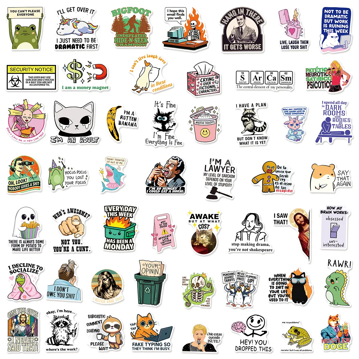 50/100 Pcs Ironic Text & Pattern Stickers DIY for Notebook Phone Case Cup Helmet Tablet PVC Waterproof Durable Decals