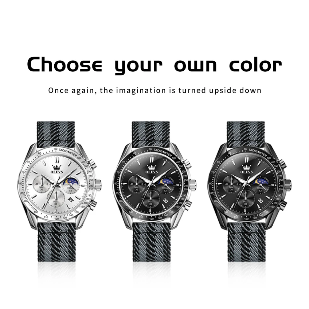 OLEVS 3630 Sport Quartz Watch Gift Round-dial Nylon Watchband Wristwatch Moon Phase Calendar Luminous