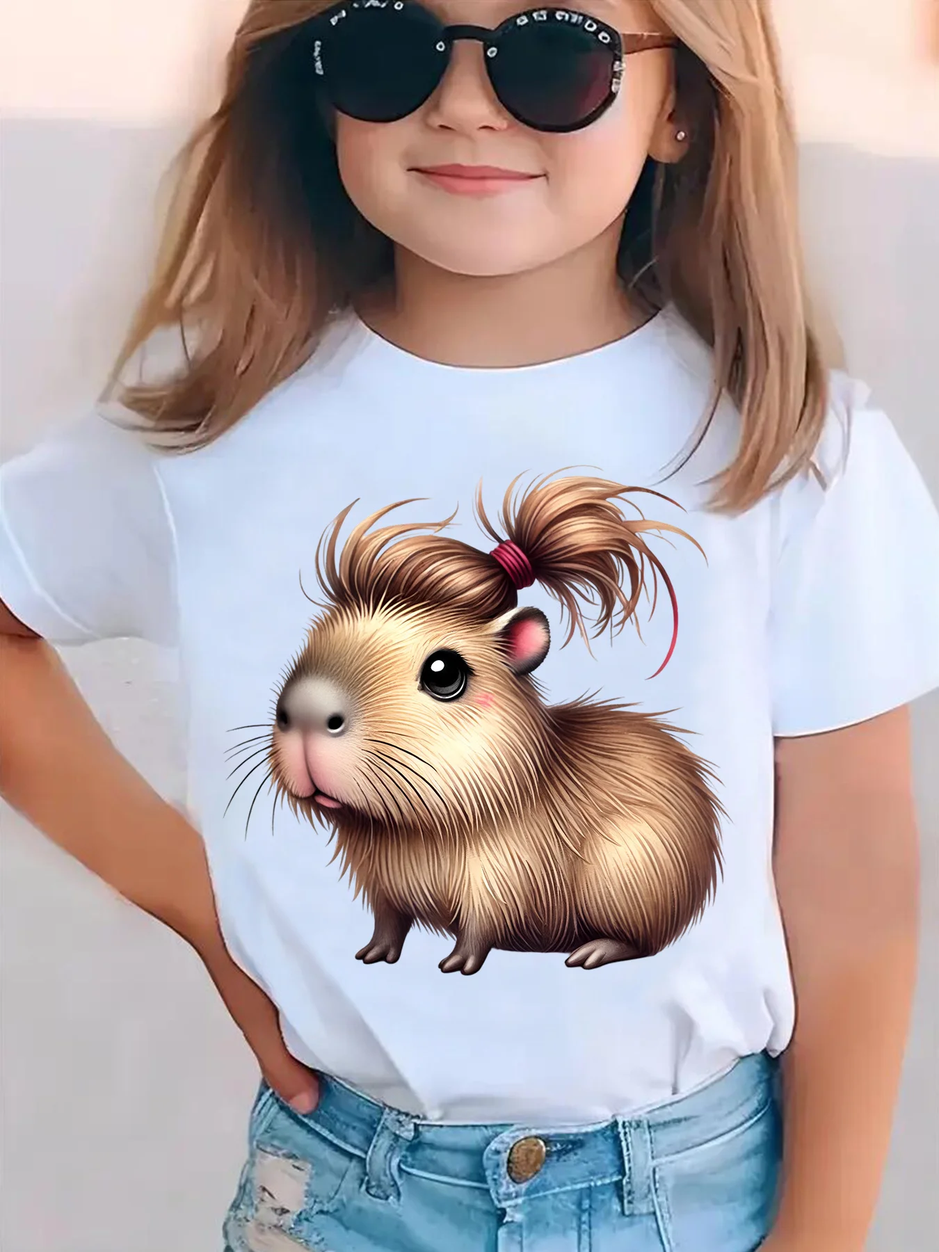 

Girls Capybara Print Short Sleeve T-Shirt Cute Capybara Crew Neck Short Sleeve Tee Funny Capybara Hair Clothes Child Girl