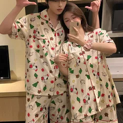 Kawaii Cute Snoopy Stitch Pajamas Summer Pure Cotton Collar Short Sleeved Shorts Set Couple Home Clothes Gifts Girlfriend Gifts