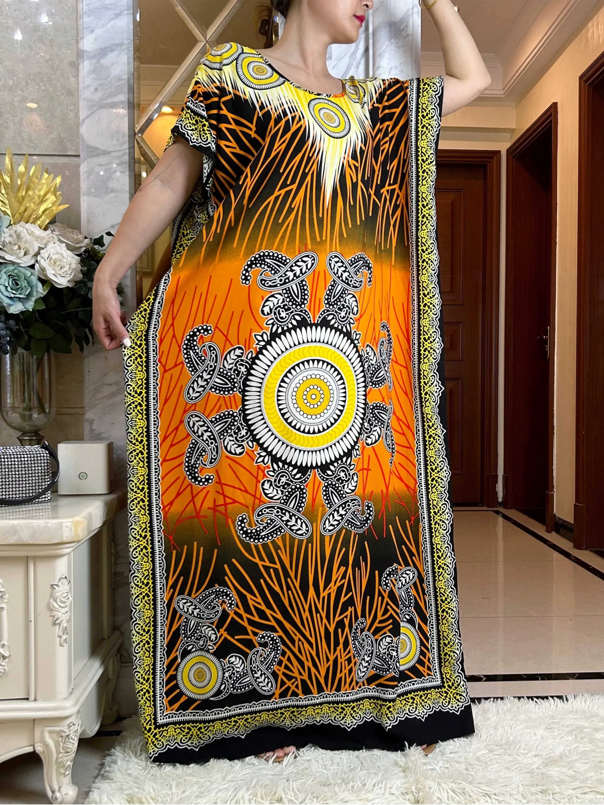 New Summer Party Dress Short Sleeve With Big Scarf Printing Floral Loose Boubou Maxi Islam Women African Abaya Clothes
