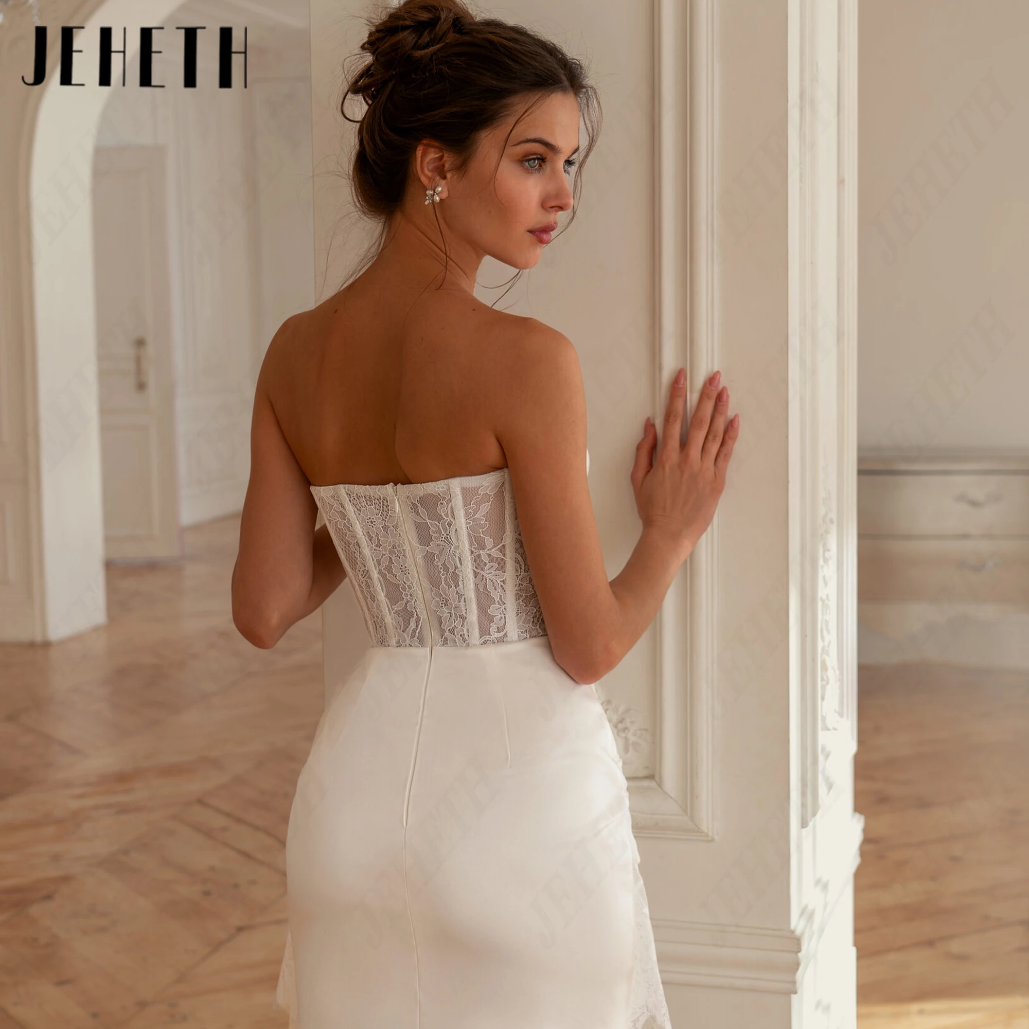 JEHETH Satin Sheath Wedding Dress Customized Strapless Illusion Bridal Dresses Elegant Sleeveless Bride Gowns Lace Appliques