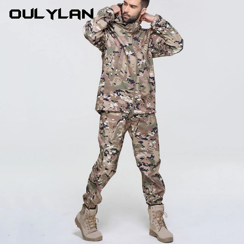 

Oulylan Camping Coat Pants Tracksuits Hooded Thermal Camo Clothes Fleece Waterproof Tactical Jackets Set Hunting Fishing Hiking