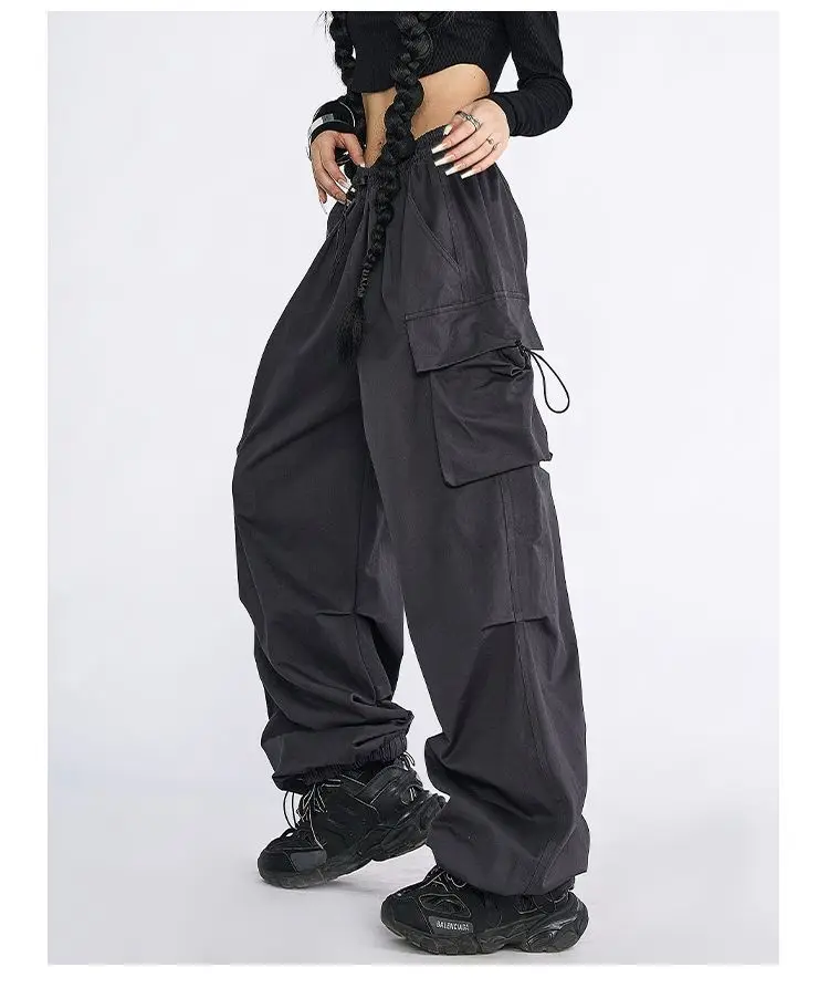 ชุดทํางานยุโรปและอเมริกาปี 2025 เอวยางยืดลําลอง เชือกบาง กระเป๋าข้าง กางเกงอารมณ์