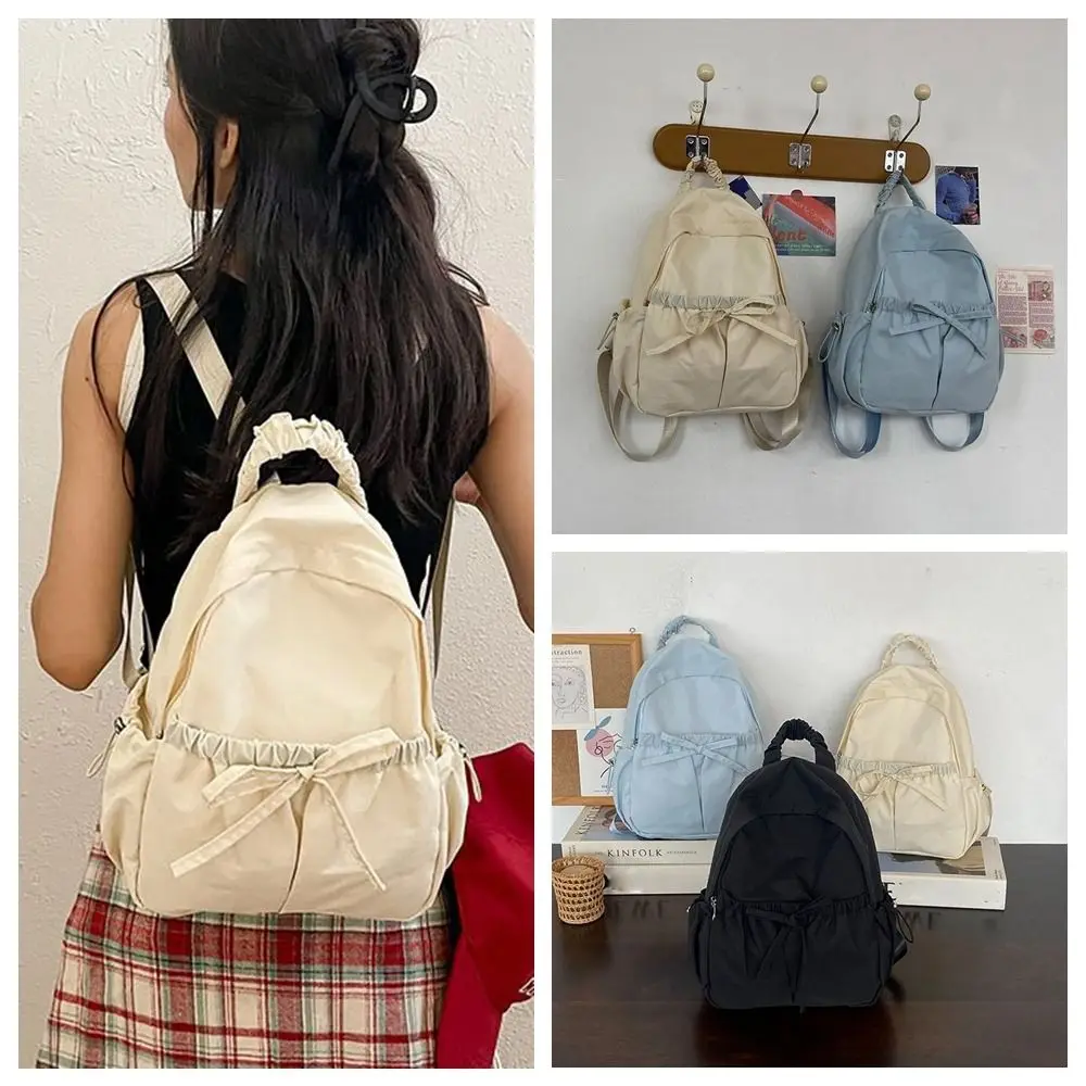 

Sweet Handbag Bow Backpack Solid Color Korean Style Nylon Backpack Large Capacity School Bag Shoulders Bag Office Worker