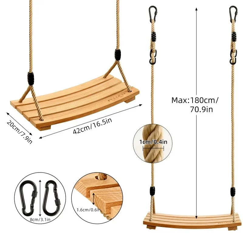 Wooden Swing Adult Outdoor Swing Chair Heavy-Duty Wooden Indoor Outdoor Porch Swing Backyard Garden Hanging Seat Party Activity