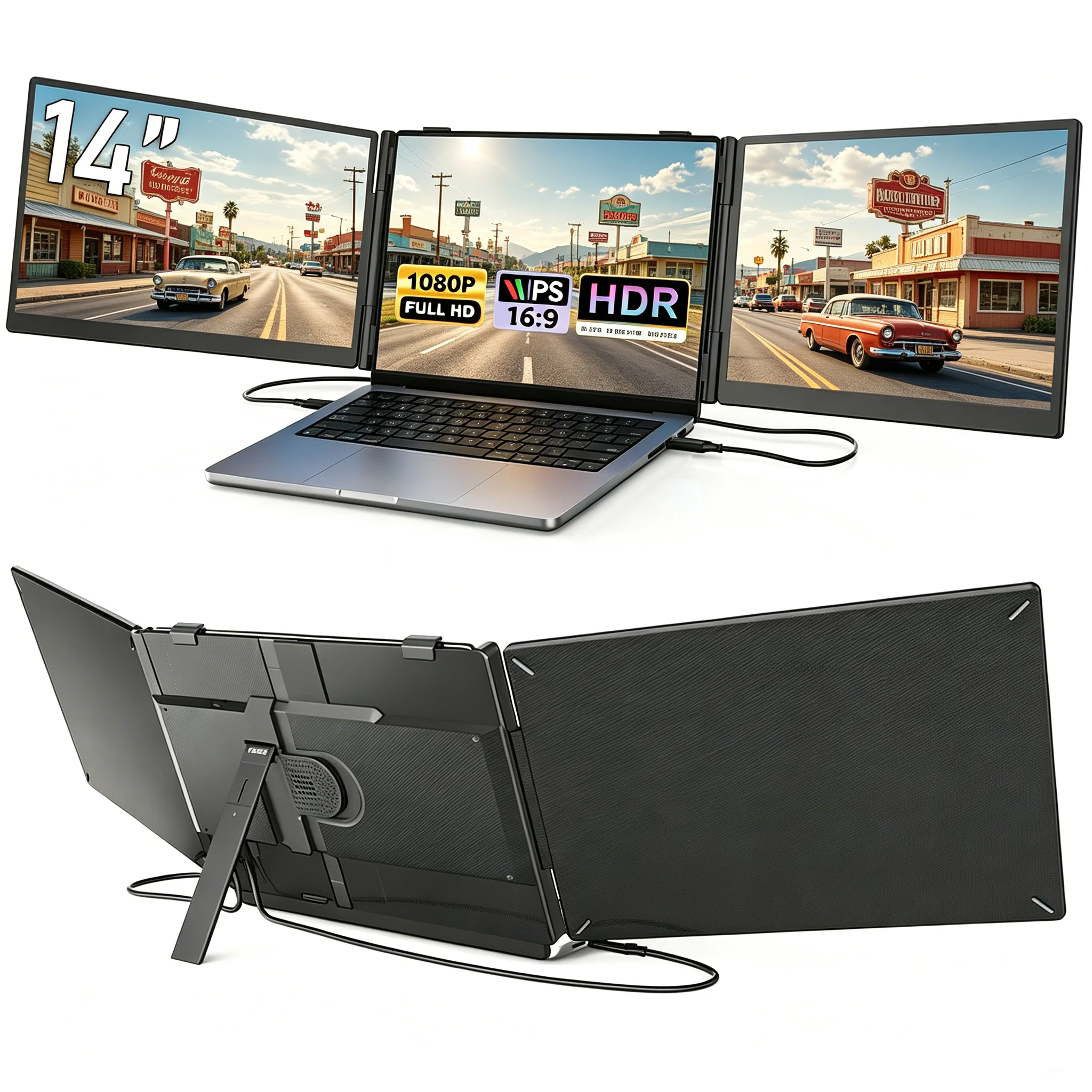 2026 new Portable Monitor 14 Inch 3 Screen Laptop Eye-Care Dual Screen Travel Monitor Build-in Speaker Compatible