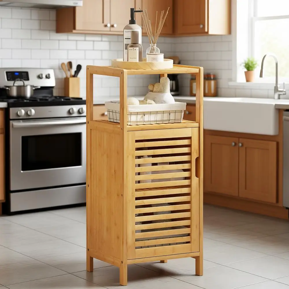 

Freestanding Single-Door Bamboo Storage Cabinet for Bathroom, Kitchen, and Living Spaces