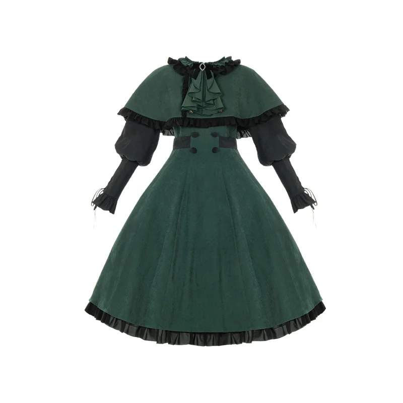 Black Green Contrasting OP Dress Cape 2-piece College Autumn Lolita Dress With Bow Tie