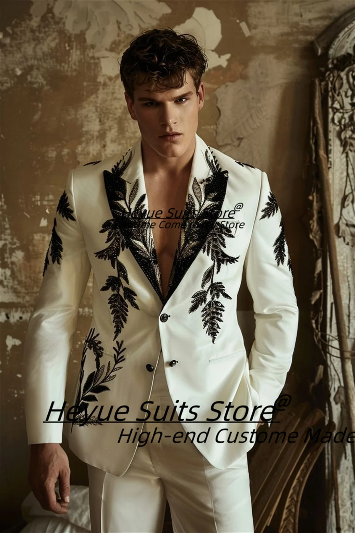 

Fashion Embroidery Formal Party Men Suits Customized Slim Fit Peak Lapel Groom Wedding Tuxedos 2 Pieces Sets Male Prom Blazers