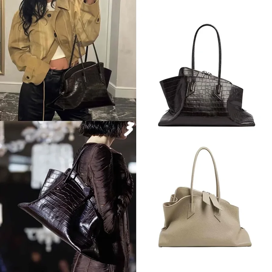 Retro Crocodile Pattern Large Capacity Tote Bag Design Women's Pleated Leather Shoulder Bag Female Daily Commuter Bag New