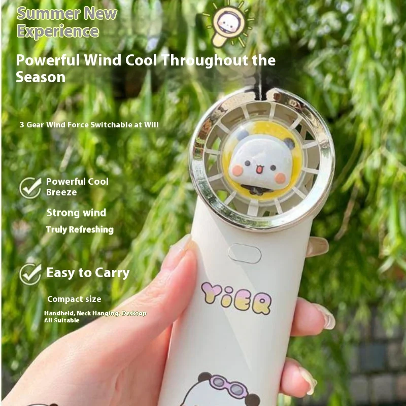 

New Panda Bubu And Dudu Mini Fan Summer Portable Strong Neck Hanging Rechargeable Fan Outdoor Cooling Birthday Gift