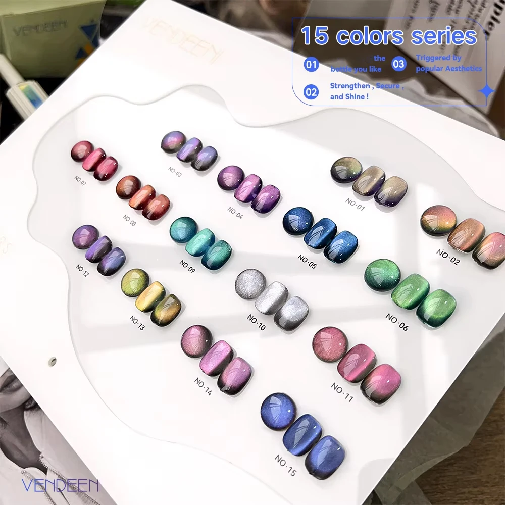 Vendeeni 15 Farben/Set Kristall-Katzenaugen-Gel-Nagellack Magnetischer UV-Soak-Off-Gel-Lack 9D Aurora Katzenaugen-Nagelkunst-Gel-Lack – Detail 4