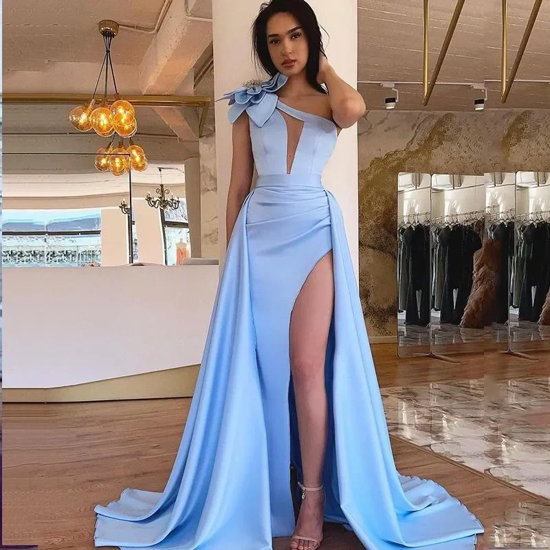 Sexy A Line Satin Prom Dresses Light Sky Blue Long With 3D Flower Beads Sleeveless High Split Cut-Out One Shoulder Keyhole Eveni