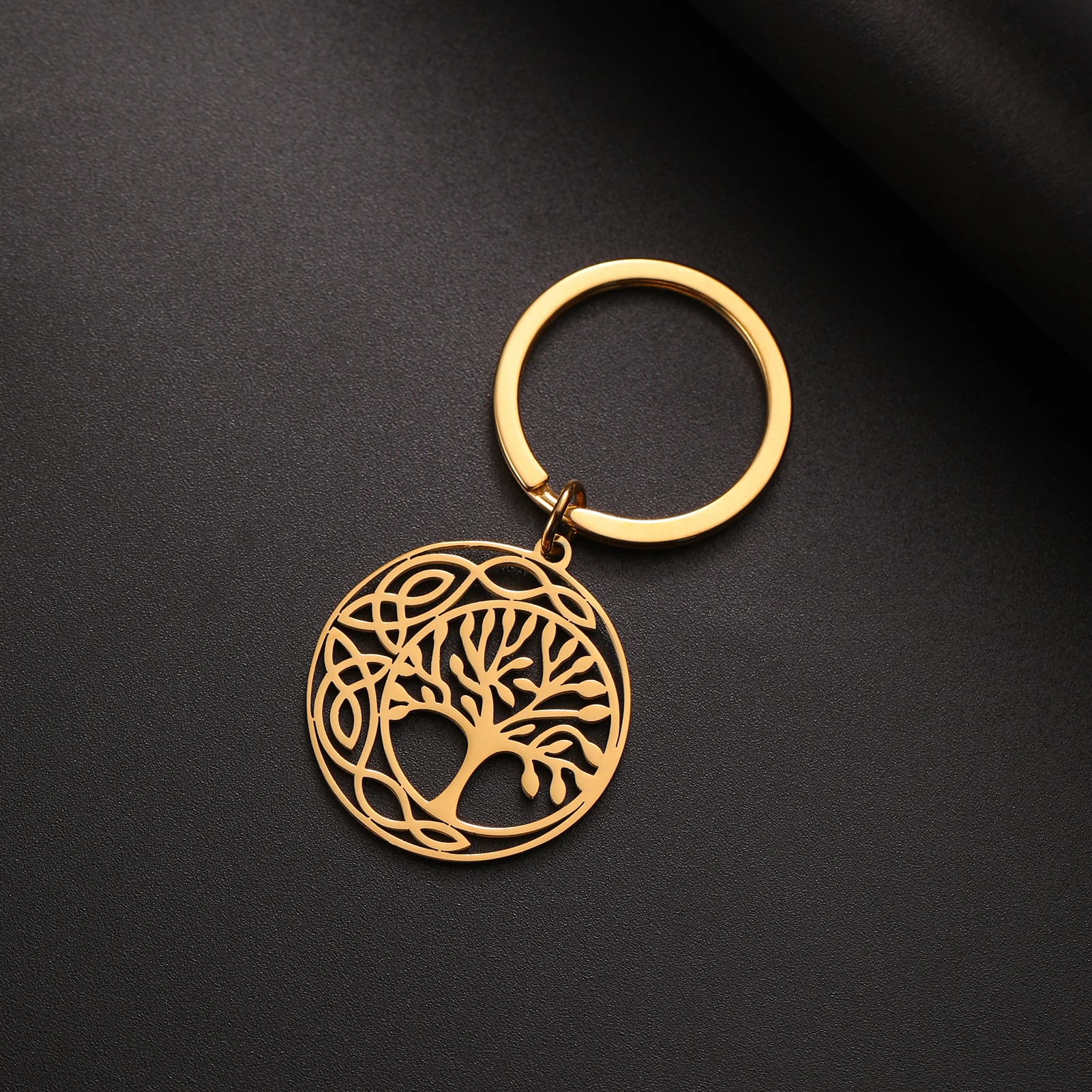 Tree of Life Key Chain Branch Hollow Round Pendant Supernatural Amulet Key Bag Accessories for Women Men Stainless Steel Jewelry