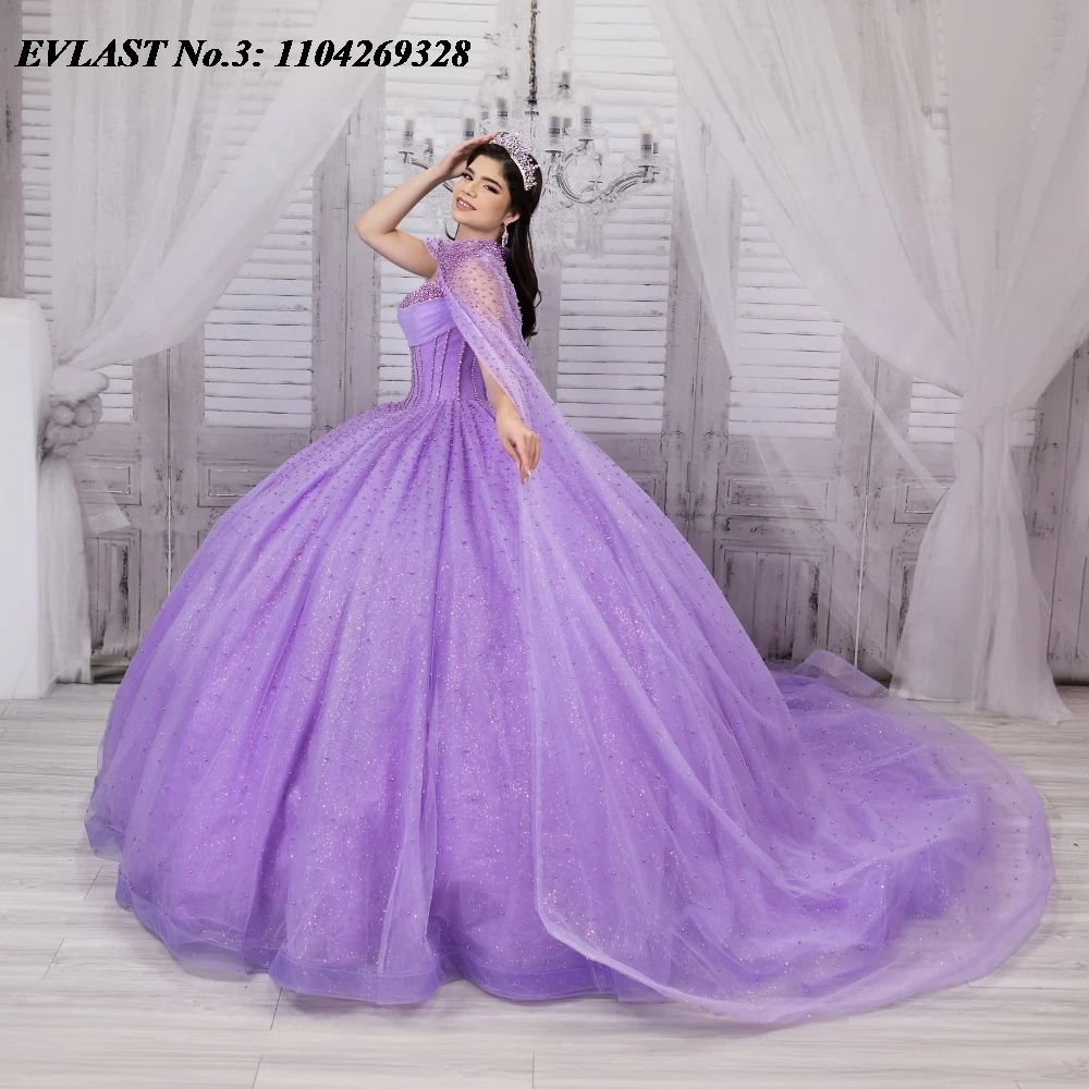 

EVLAST Customized Mexican Lilac Quinceanera Dress 2025 Ball Gown Applique Beading Corset Cape Sweet 16 Vestido De 15 Anos E3Q262